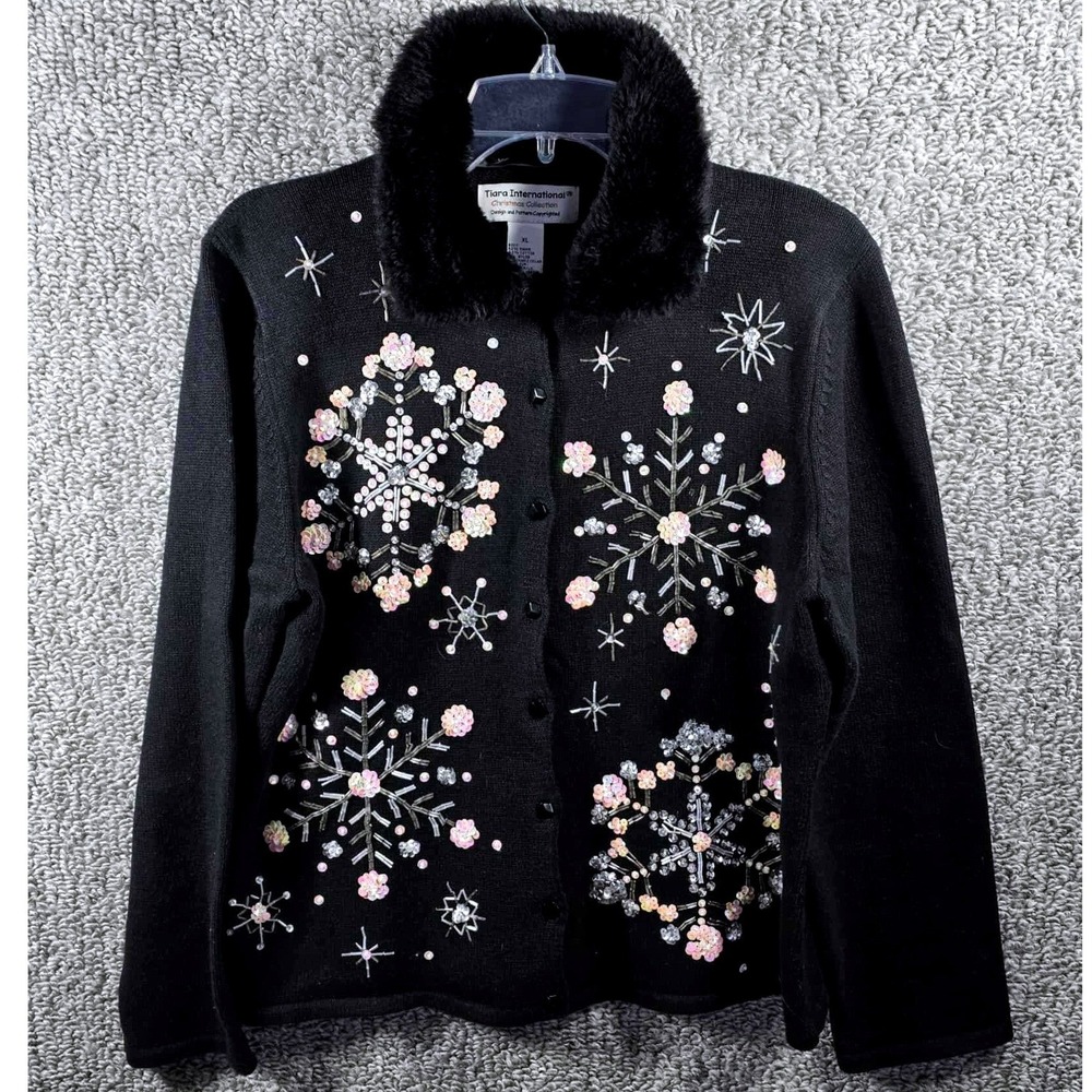 Tiara International Christmas Snowflake Cardigan Black Faux Fur Collar Womens XL